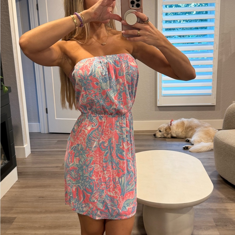Strapless Pink and Blue Floral Dress